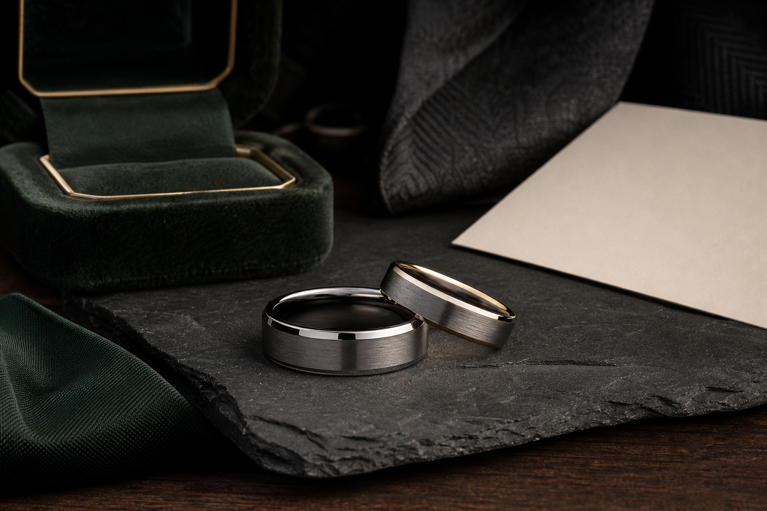 Premium engraved wedding bands for men image with paired masculine wedding bands