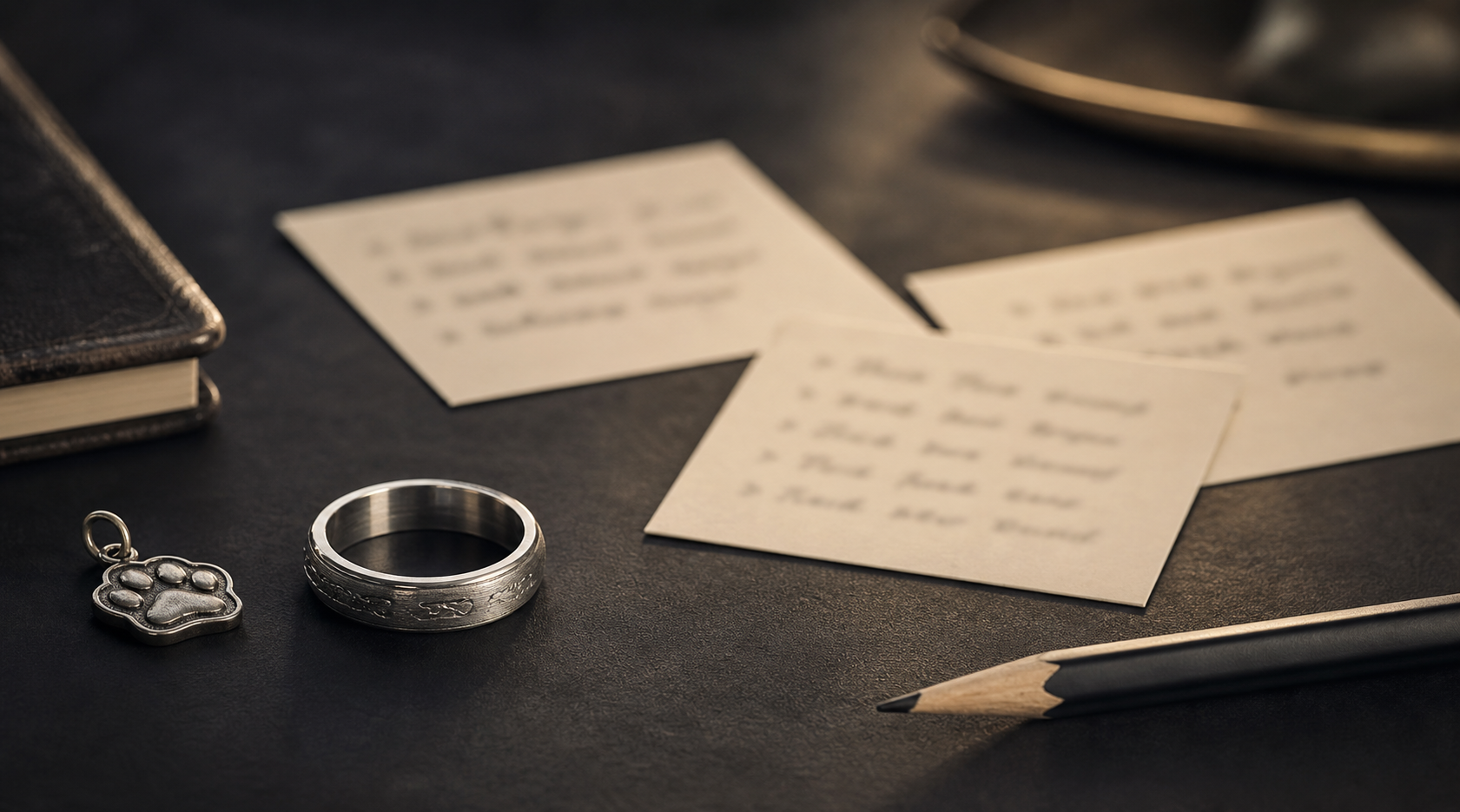 Premium mens wedding band engraving ideas image with ring and planning note cards